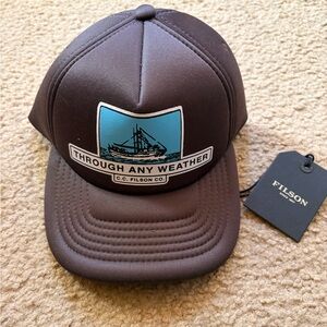 Filson Dark Brown Trucker Hat with Blue Patch